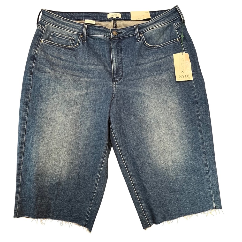NYDJ NWT Womens Blue Denim Bermuda Shorts High Rise Raw Hem Lift Tuck 16W